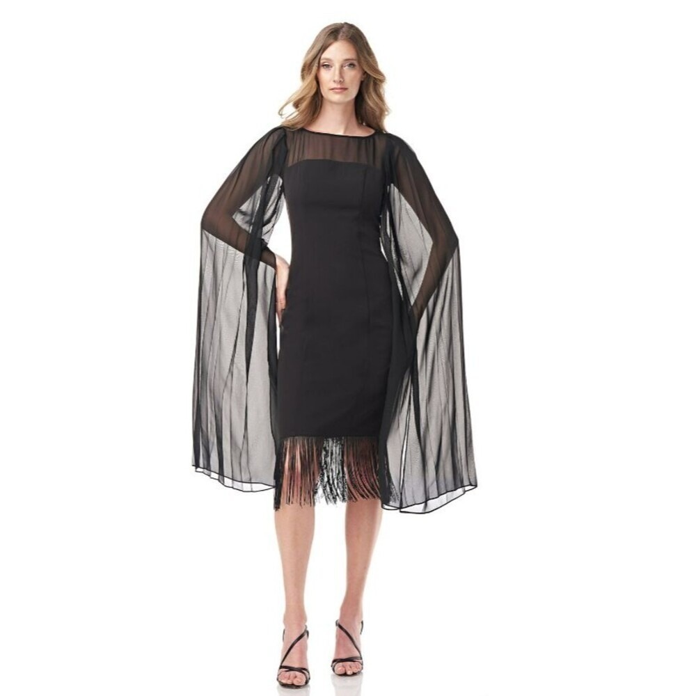 Kay Unger Fringe Dress Size 4 Crepe Chiffon Black Wedding Romantic Goth LBD NWT